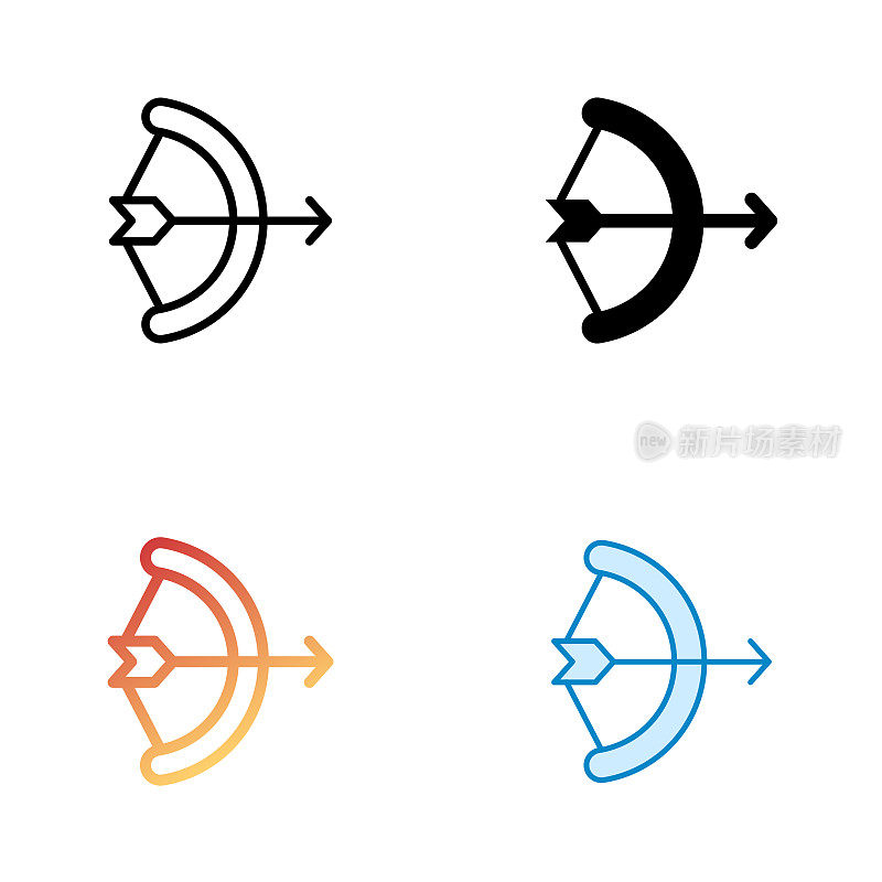 射箭通用图标设计在四种风格与可编辑的笔画。线，实线，平线和颜色渐变线。适合网页，移动应用，UI, UX和GUI设计。